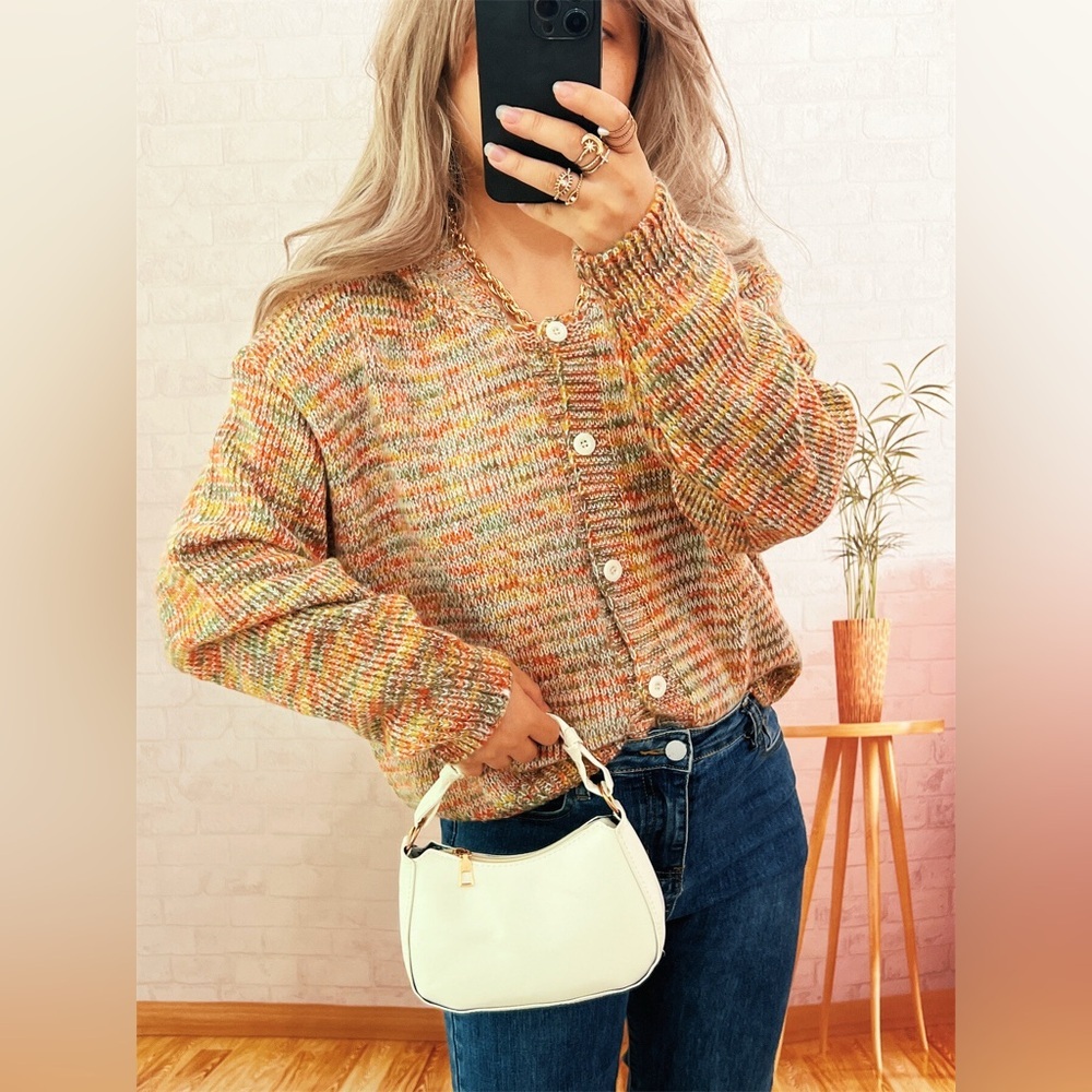 Multi-Colored Knit Button-Down Cardigan